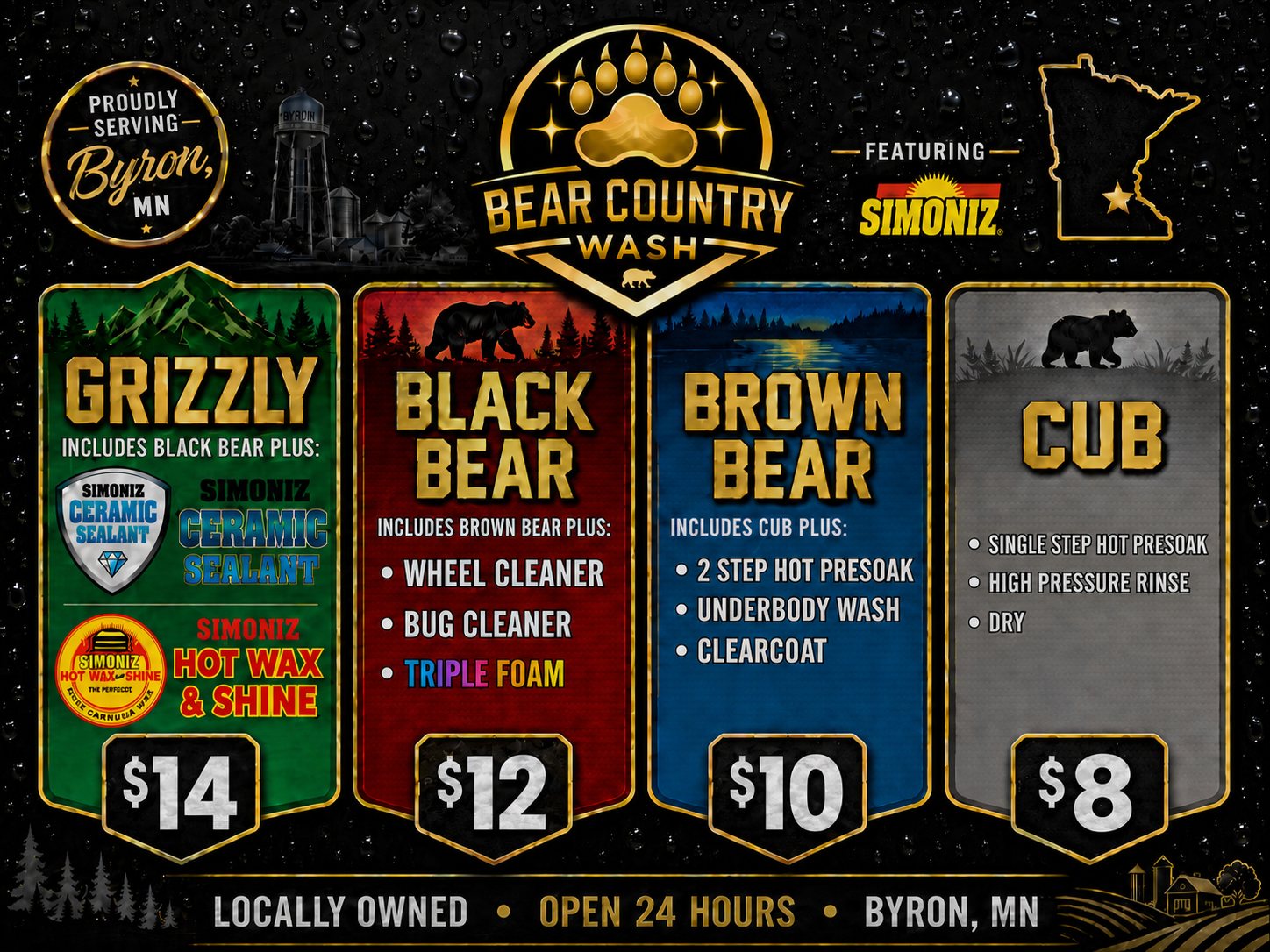 Bear Country Wash pricing menu — Cub $8, Brown Bear $10, Black Bear $12, Grizzly $14