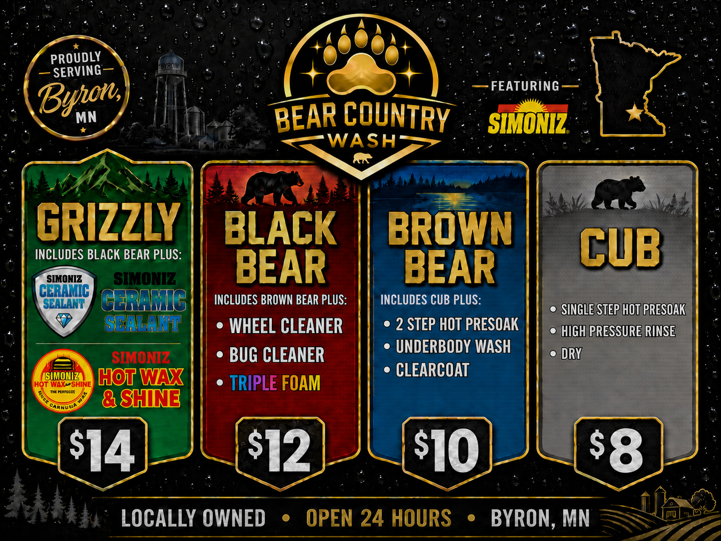 Bear Country Wash pricing menu — Cub $8, Brown Bear $10, Black Bear $12, Grizzly $14