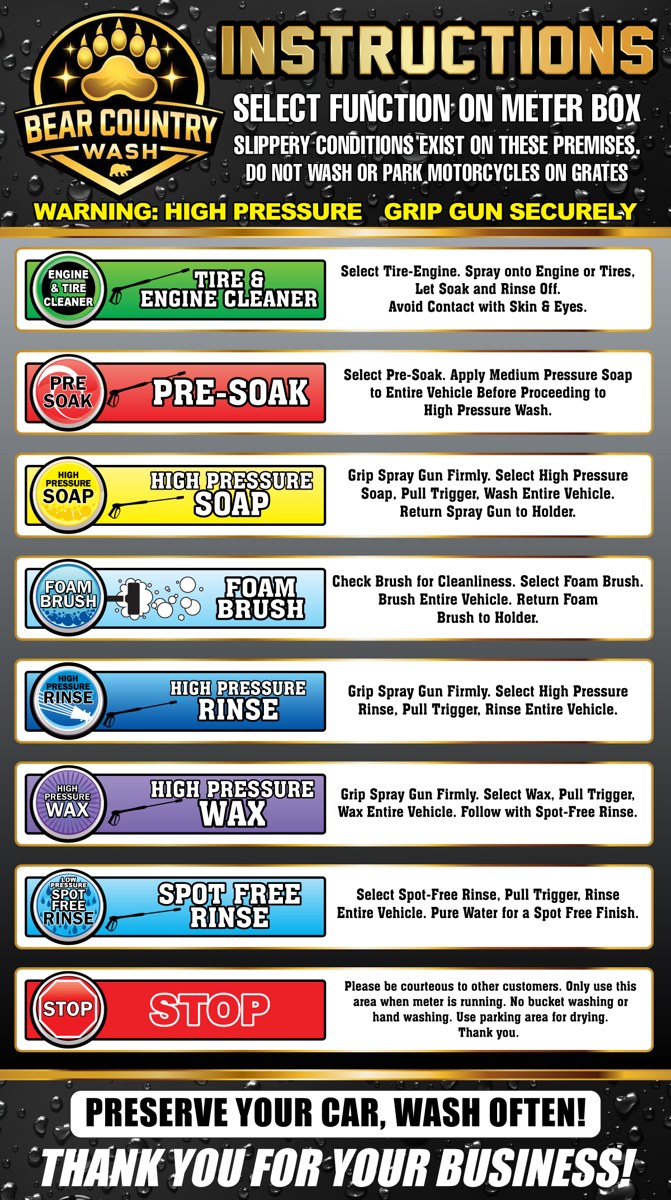Bear Country Wash self-service bay instructions — engine & tire cleaner, pre-soak, high pressure soap, foam brush, high pressure rinse, high pressure wax, spot free rinse